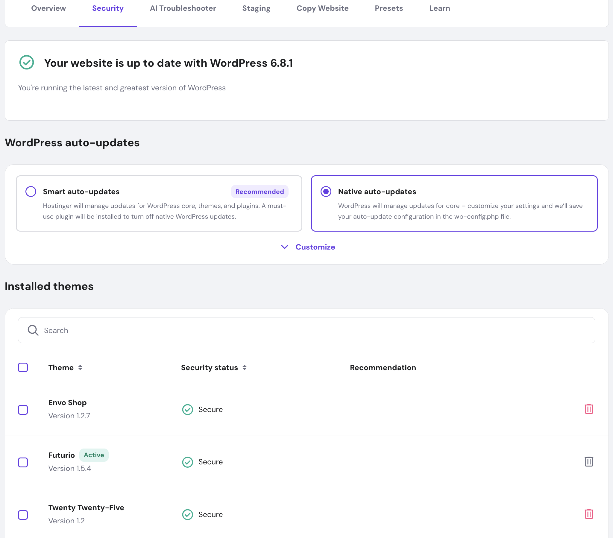 Hostinger security dashboard